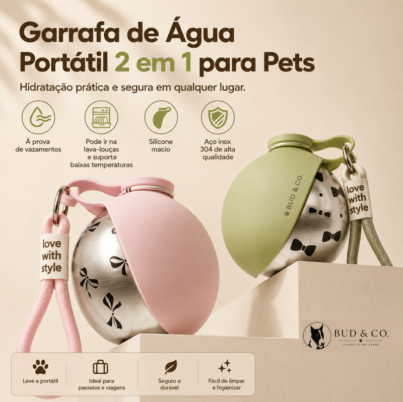 Bud & Co. HydroGo™ | Garrafa Portátil 2 em 1 para Pets
