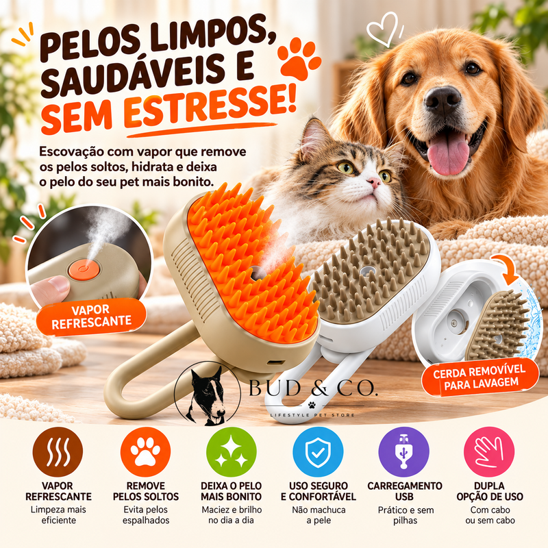 Bud & Co. SteamPaws™ | Escova a Vapor 3 em 1 para Pets